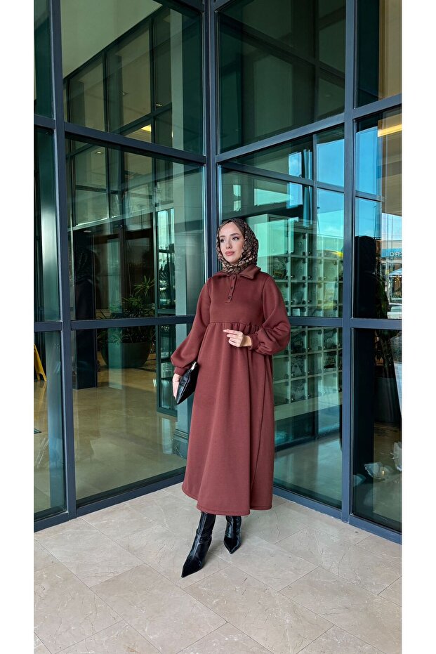 Önü Düğmeli 3 İplik Elbise - 2