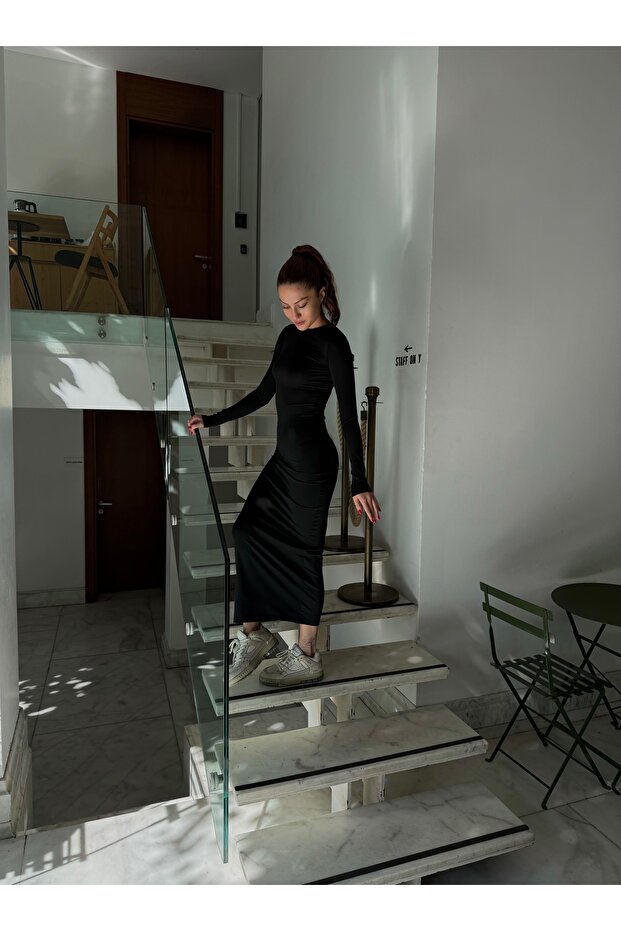 Uzun Kollu Maxi "Hailey" Basic Elbise - 5