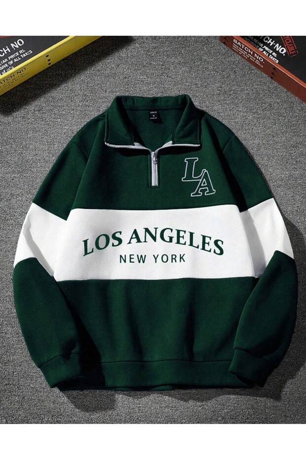 Unisex Green Los Angeles Printed Oversize Half Zip Polo Collar Sweatshirt