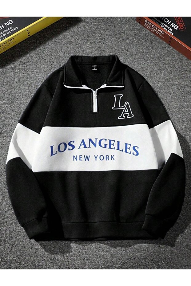 Unisex Black Los Angeles Printed Oversize Half Zipper Polo Collar Sweatshirt