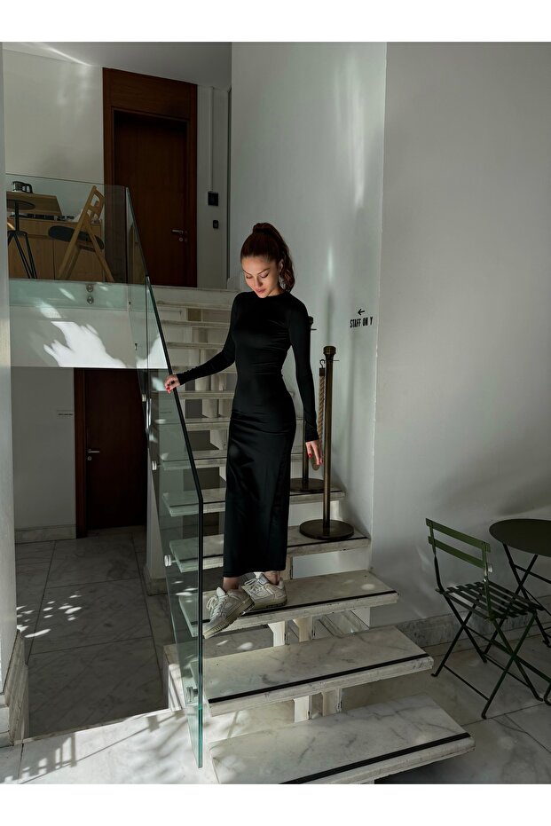 Uzun Kollu Maxi "Hailey" Basic Elbise - 4