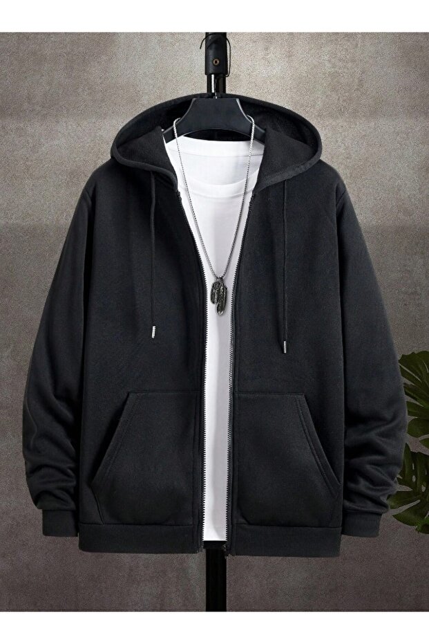 Unisex Black Oversize Hooded Zippered Cardigan