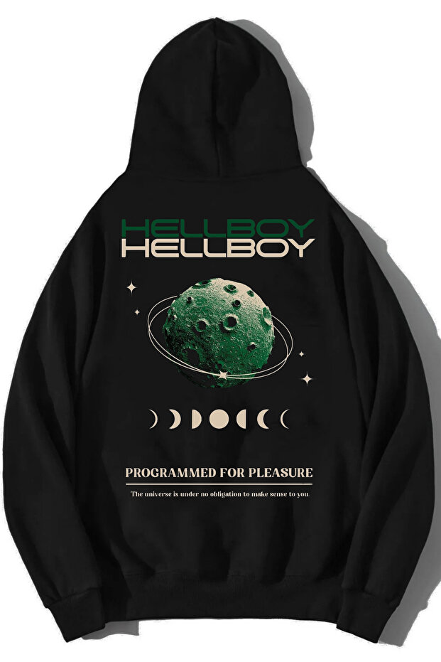 سويت شيرت أسود كبير الحجم بغطاء للرأس للجنسين بتصميم مطبوع HELLBOOY
