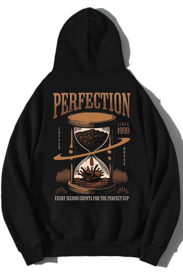 سويت شيرت أسود بقلنسوة للجنسين بتصميم مطبوع PERFECTON