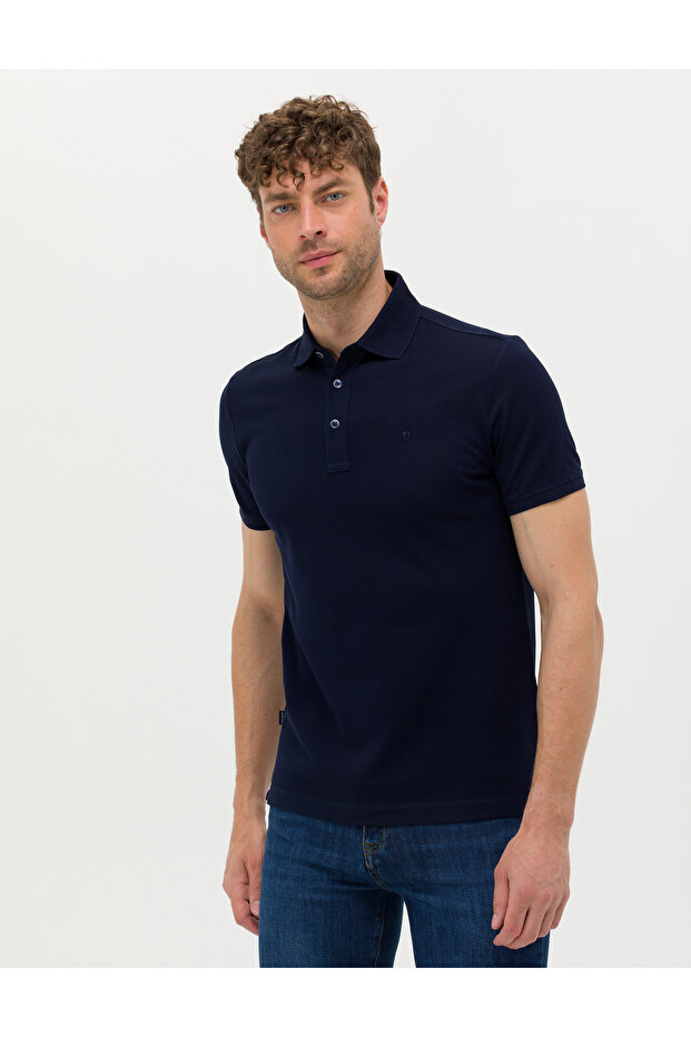 Navy Blue Slim Fit 100% Mercerized Cotton Buttoned Polo Collar Basic T-Shirt 50274688-Vr033