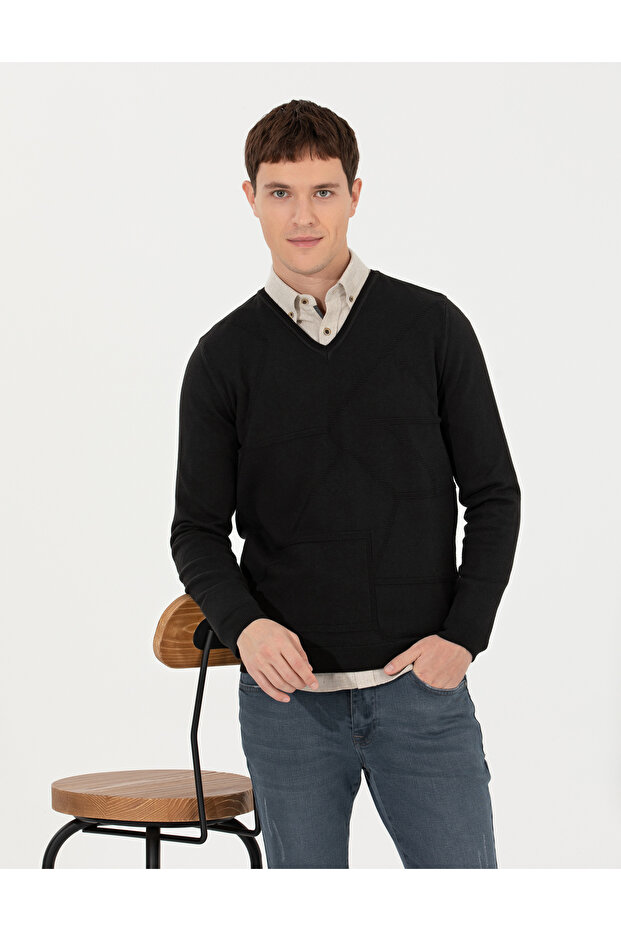 Black Slim Fit V-Neck Knitwear Sweater 50265423-Vr046