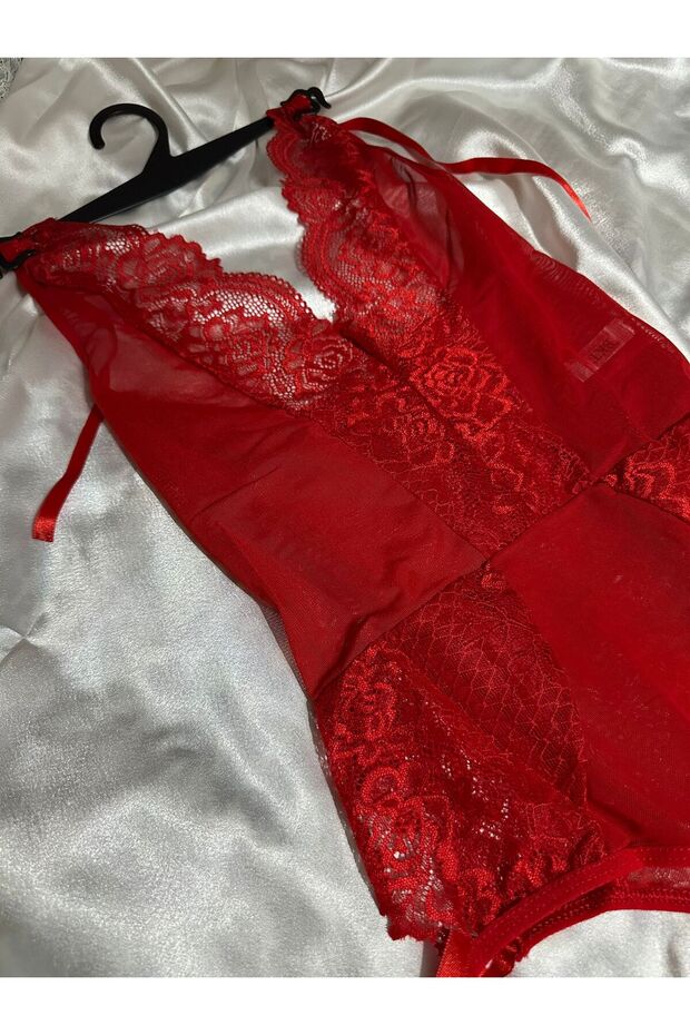 Kırmızı Dantelli Bodysuit - 4
