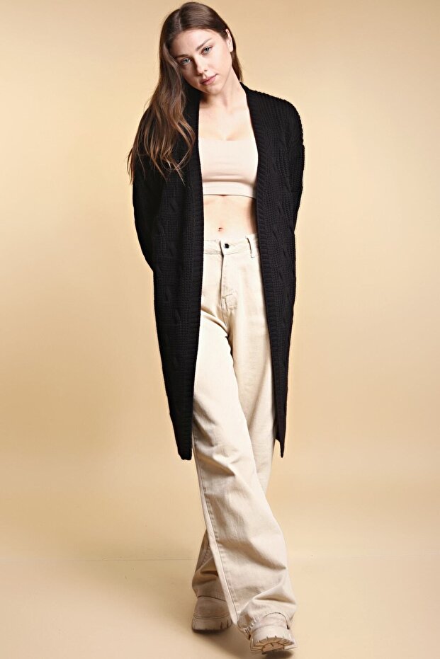 Kadın Siyah Uzun Triko Hırka - 4