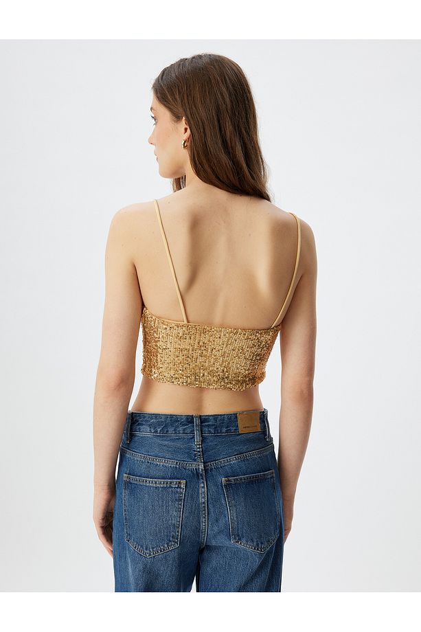 Pullu Payetli Ip Askılı Kare Yaka Crop Bluz - 4