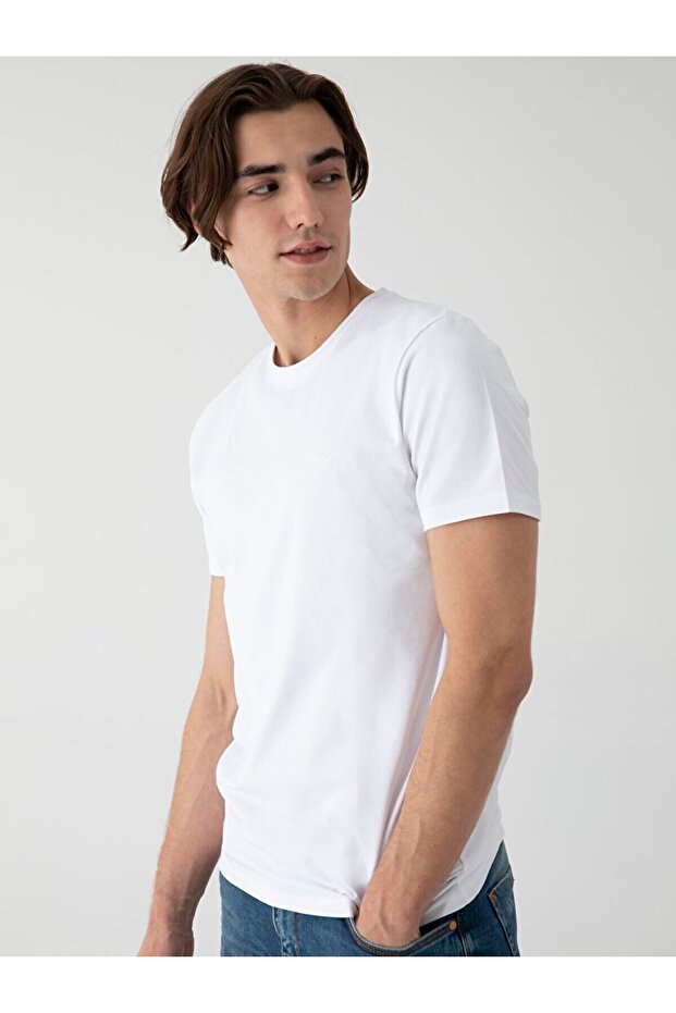 Sıfır Yaka Basıc Kısa Kol Slım Beyaz T-shırt - 4