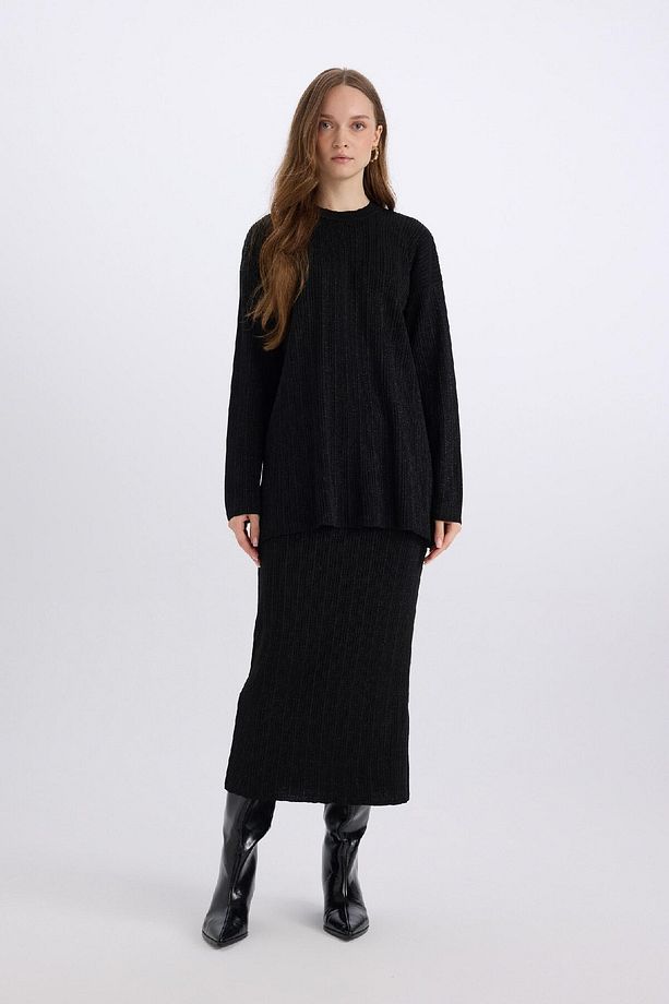 Relax Fit Bisiklet Yaka Basic Düz Triko Kazak Tunik D8633AX24WN - 2