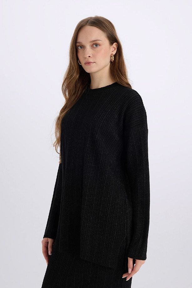 Relax Fit Bisiklet Yaka Basic Düz Triko Kazak Tunik D8633AX24WN - 3