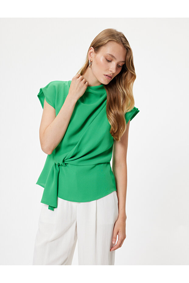 Mock Neck Asymmetric Knot Detail Sleeveless Blouse