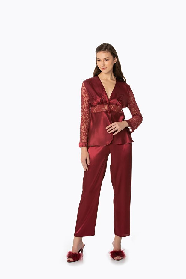 Satin Lacy Women's Pajama Set - 1121 Burgundy