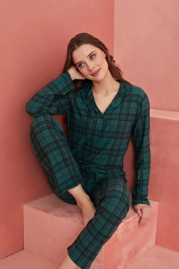 Yeşil Ekose Desenli Önden Düğmeli Süet Pijama Takım - 1