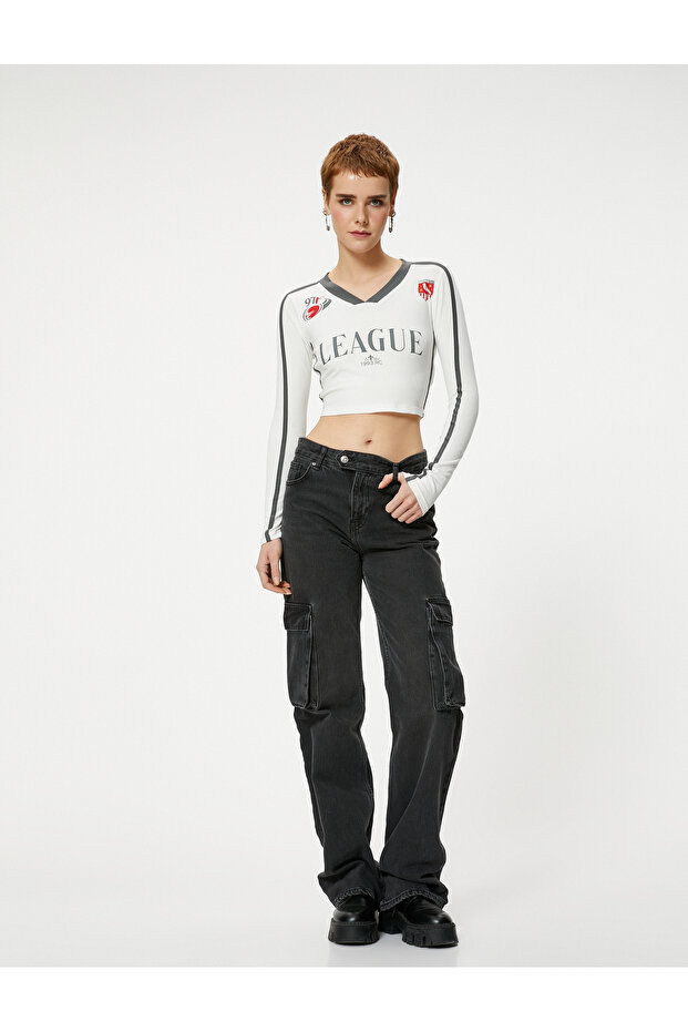 V-Neck Crop T-Shirt Long Sleeve Color Contrast Printed Cotton