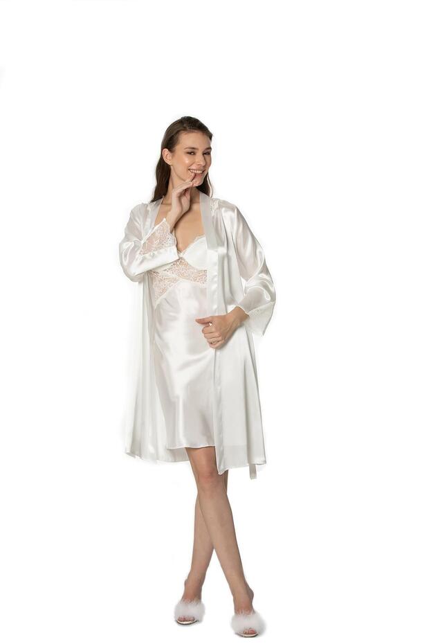 Satin Lace Nightgown and Dressing Gown Set - 4050