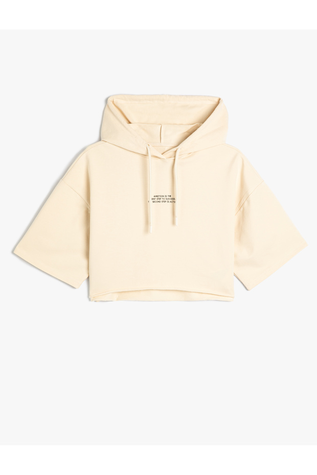 Hooded Crop Sweatshirt Sports Short Sleeve Print Detailed Cotton