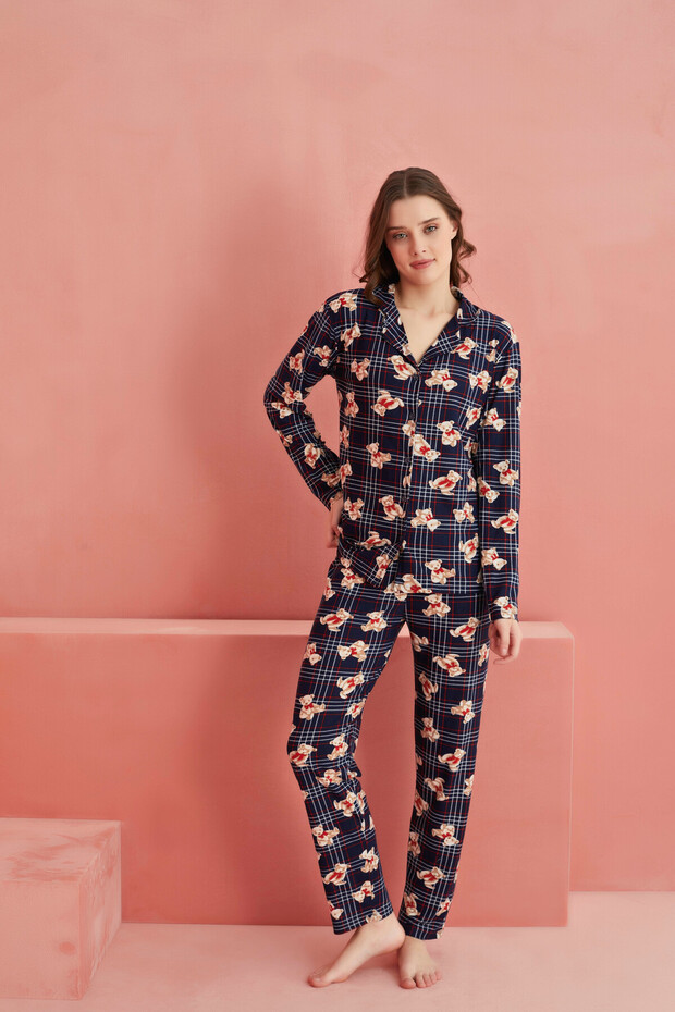 Lacivert Ayı Desenli Önden Düğmeli Süet Pijama Takım - 2