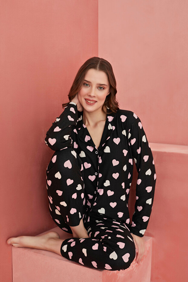 Navy Blue Heart Patterned Front Buttoned Suede Pajama Set