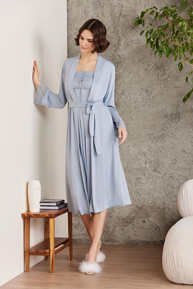 Combed Cotton Lace Women's Nightgown and Dressing Gown Set - 4005 Mist