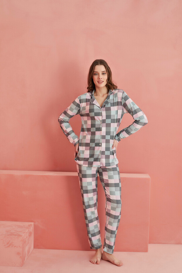 Plaid Patterned Front Buttoned Suede Pajama Set - 2