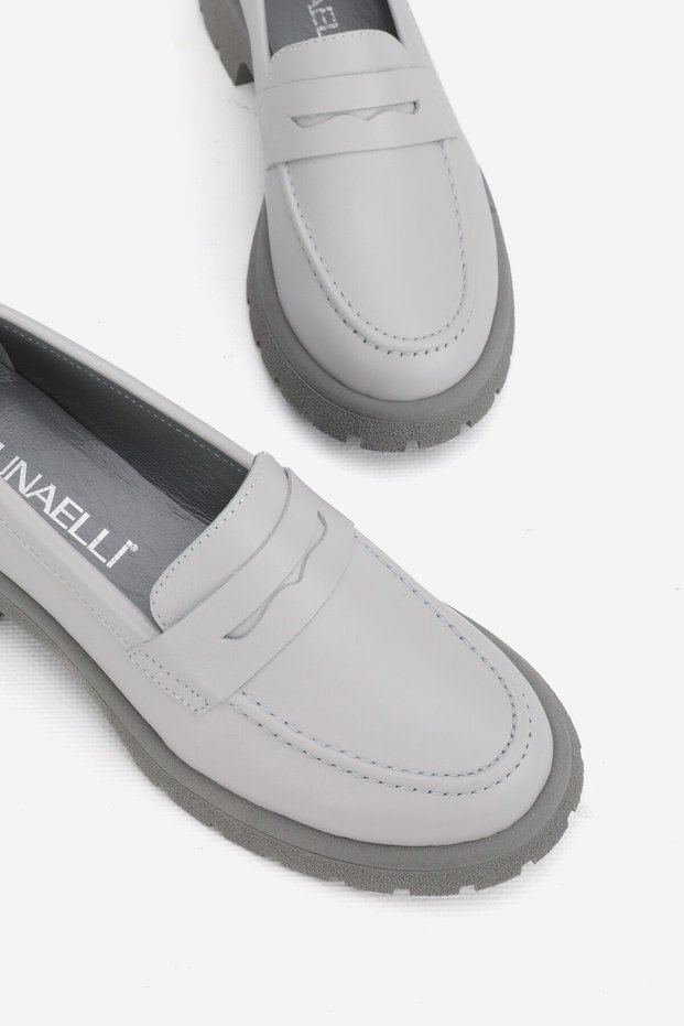 Women's Gray Genuine Natural Leather Loafer Shoes, Number 36-41