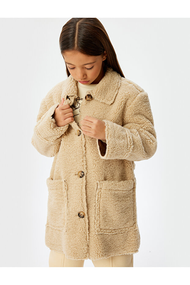 Plush Coat with Pocket Detail and Button Closure, Jacket Collar