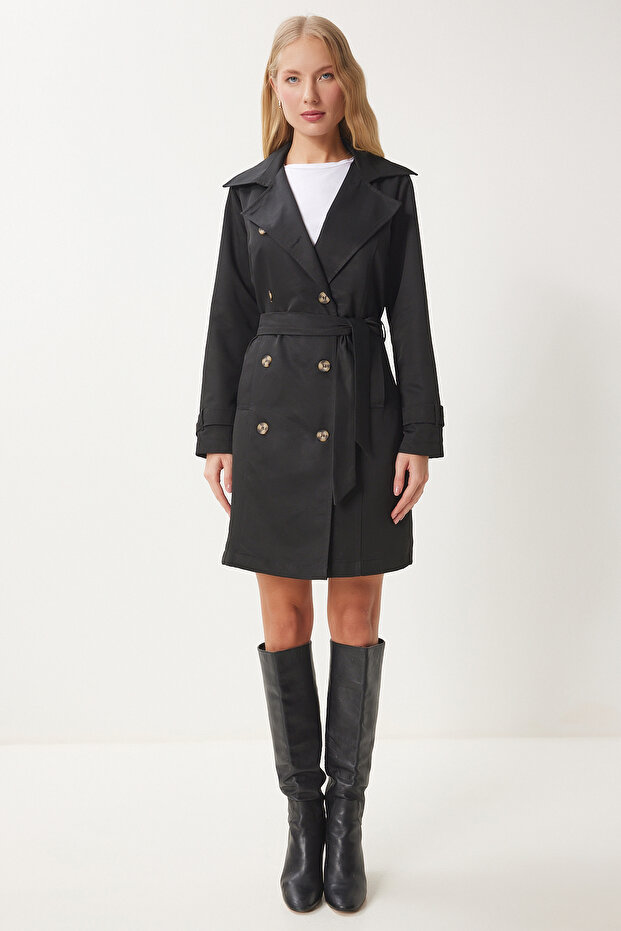 Schwarzer zweireihiger Damen-Trenchcoat mit Kragen und Gürtel, DD01345 - 2