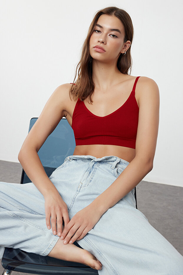 Kırmızı Seamless/Dikişsiz İp Askılı Balensiz Kapsız Bralette Örme Sütyen THMAW22SU0030 - 1