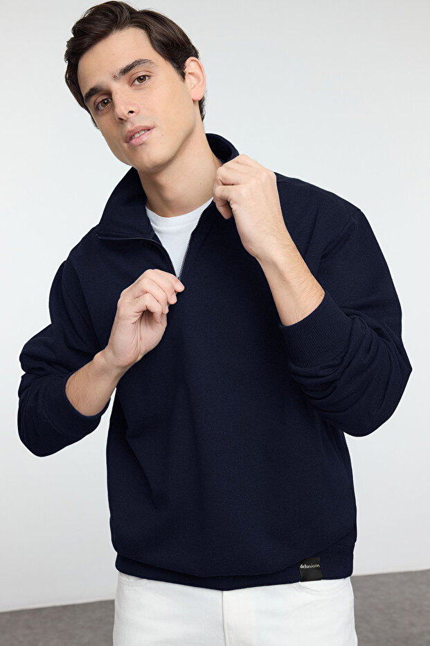 Lacivert Oversize/Geniş Kesim Dik Yaka Fermuarlı Etiketli İçi Polarlı Sweatshirt TMNAW25SW00168 - 2
