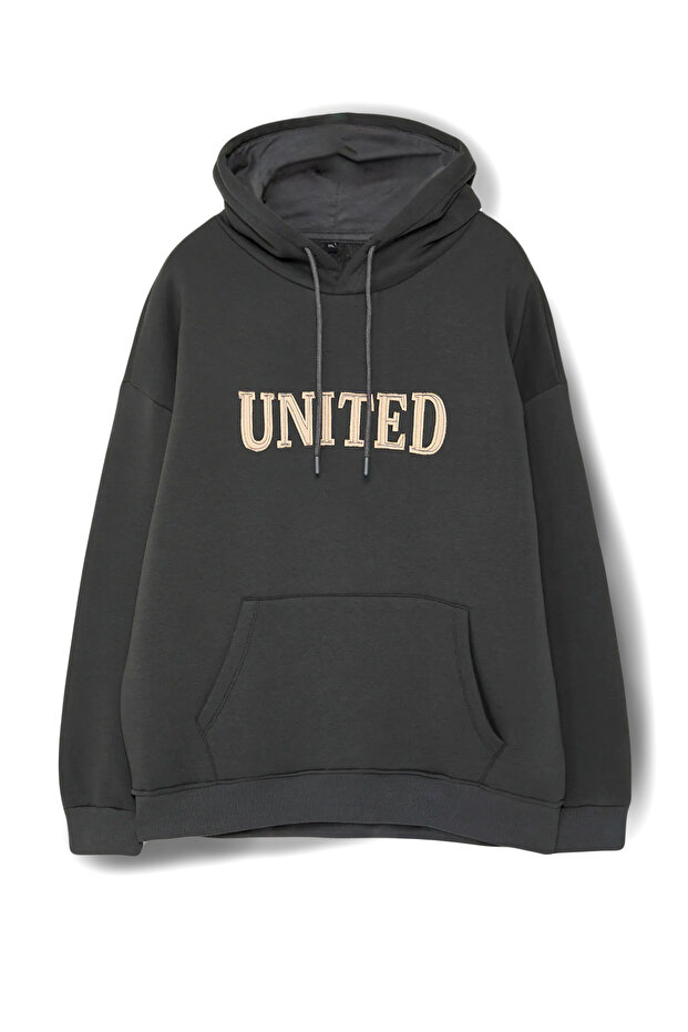 Büyük Beden Antrasit Oversize İçi Polar/Sıcak Tutan Nakışlı Sweatshirt TMNAW25AO00057 - 2