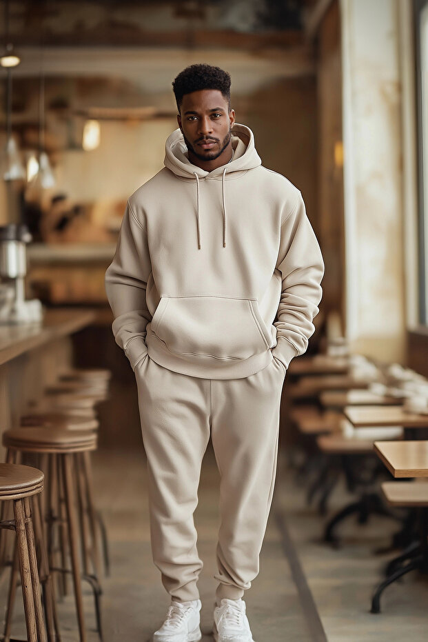 Büyük Beden Taş Oversize/Geniş Kesim Kapüşonlu İçi Polarlı Sweatshirt-Eşofman Takımı TMNAW25TS00000 - 1