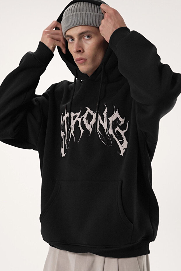 Siyah Oversize/Geniş Kesim İçi Polarlı Kapüşonlu Yazı Nakışlı Sweatshirt TMNAW24SW00029 - 1