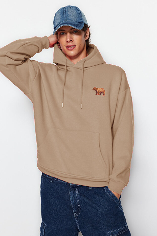 Vizon Oversize/Geniş Kesim Kapüşonlu Hayvan Nakışlı İçi Polar/Sıcak Tutan Sweatshirt TMNAW24SW00097 - 2
