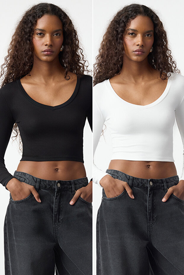 Siyah-Ekru 2'li Paket Fitted/Vücuda Oturan Örme Bluz TWOAW25BZ00306 - 1