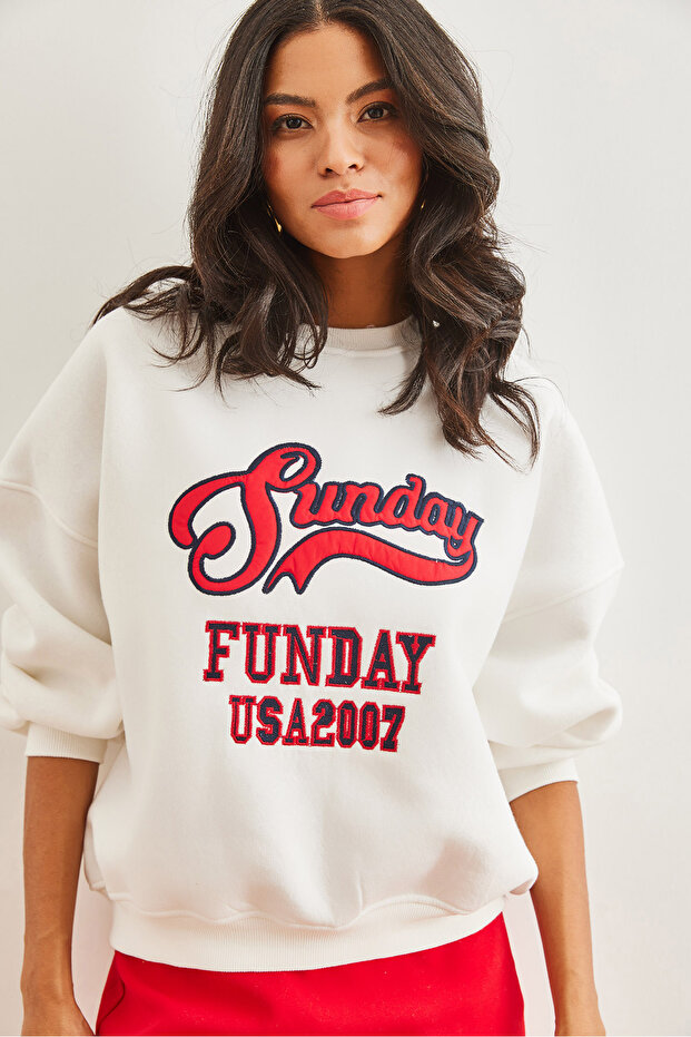 Women's Ecru Sunday Appliqued Raised Sweatshirt Swt- 19000693