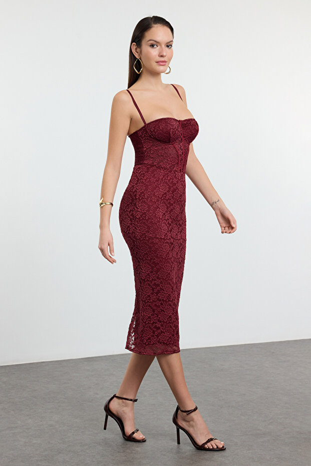 Bordo Astarlı Dantel Örme Midi Abiye Gece Mezuniyet Elbisesi TPRAW25EL00120 - 3