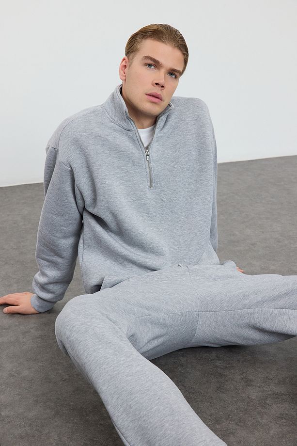 Gri Melanj Oversize/Geniş Kesim Dik Yaka Fermuarlı Eşofman Takımı TMNAW25EM00001 - 2