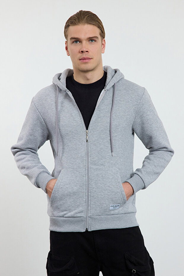 Gri Melanj Regular Fit Kapüşonlu Fermuarlı Etiket Aplikeli Kalın Sweatshirt TMNAW23SW00172 - 2