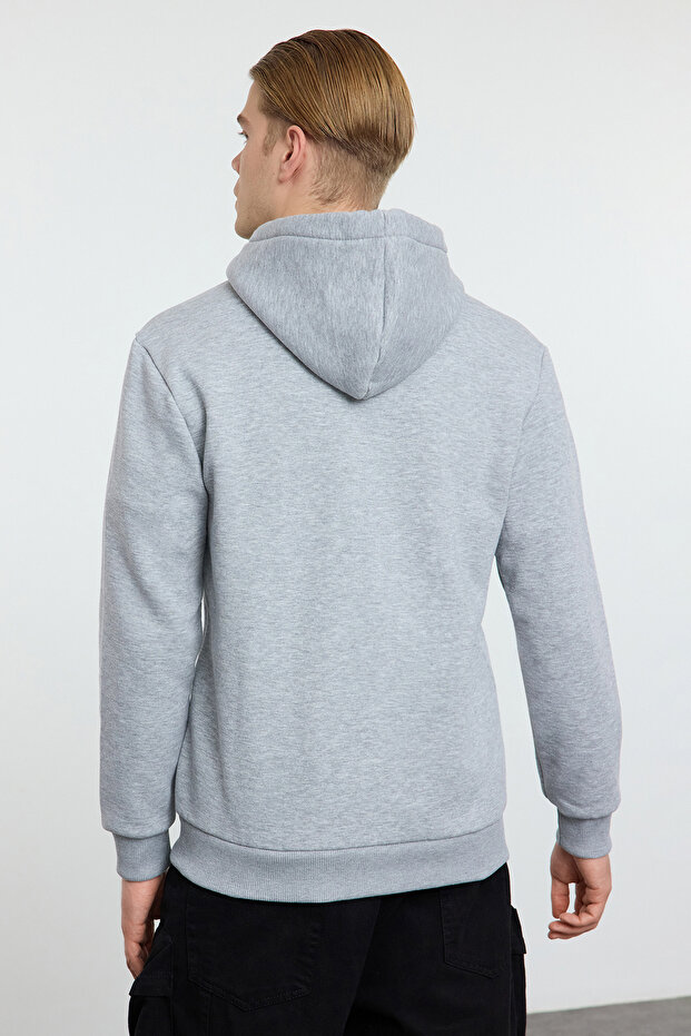 Gri Melanj Regular Fit Kapüşonlu Fermuarlı Etiket Aplikeli Kalın Sweatshirt TMNAW23SW00172 - 5
