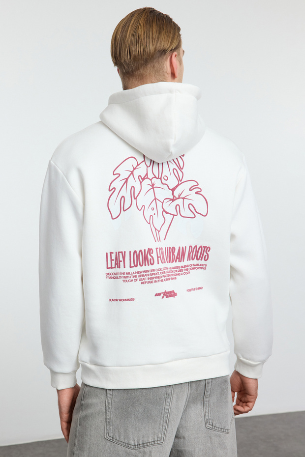 Ekru Oversize/Geniş Kesim Kabartma Baskı ve Sırt Nakış Detaylı İçi Polar Sweatshirt TMNAW25SW00072 - 5
