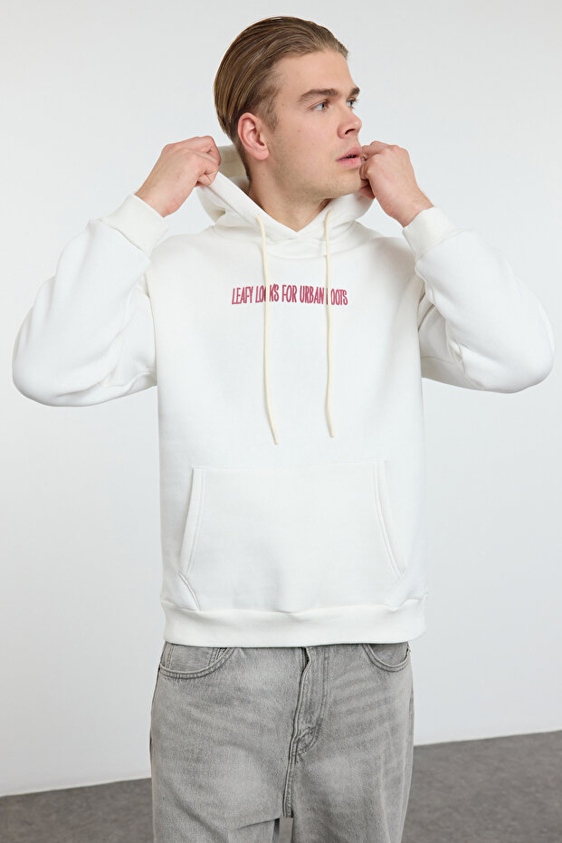 Ekru Oversize/Geniş Kesim Kabartma Baskı ve Sırt Nakış Detaylı İçi Polar Sweatshirt TMNAW25SW00072 - 2