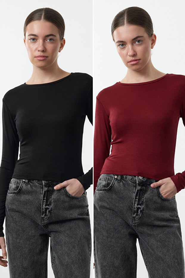 Siyah-Bordo İkili Paket Viskon/Yumuşak Kumaşlı Crop Fitted/Vücuda Oturan Örme Bluz TWOAW25BZ00061 - 1