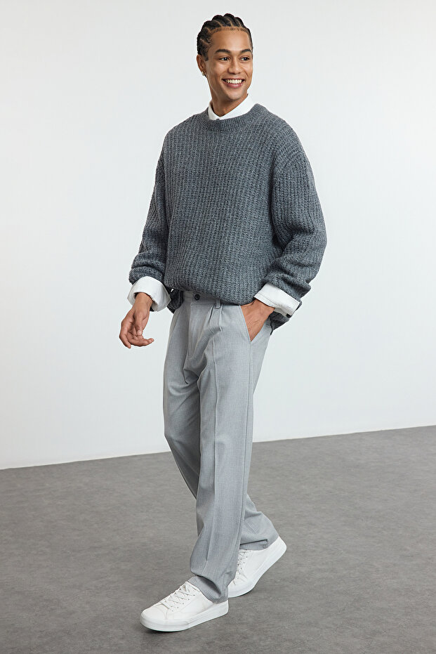 Gri Pileli Klasik Baggy Fit Kumaş Pantolon TMNSS24PL00024 - 3