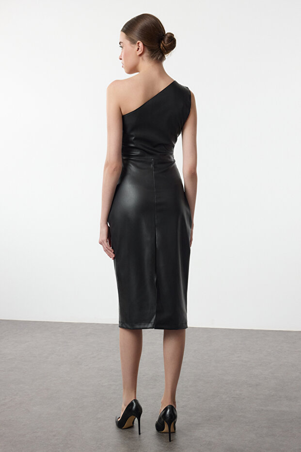Siyah Düz Büzgülü Midi Büzgü/Drape Detaylı Tek Kol Bodycone/Vücuda Oturan Örme Elbise TWOAW25EL00225 - 5
