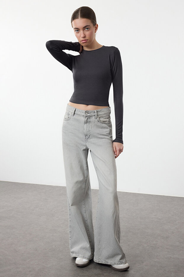 Antrasit Viskon Bisiklet Yaka Crop Esnek Örme Bluz TWOAW24BZ00116 - 1