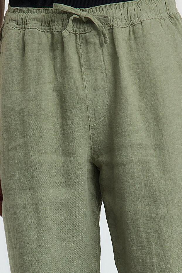 Premium Haki %100 Keten Straight Fit Lastikli Beli Bağlamalı Pantolon TMNSS24PL00018 - 4