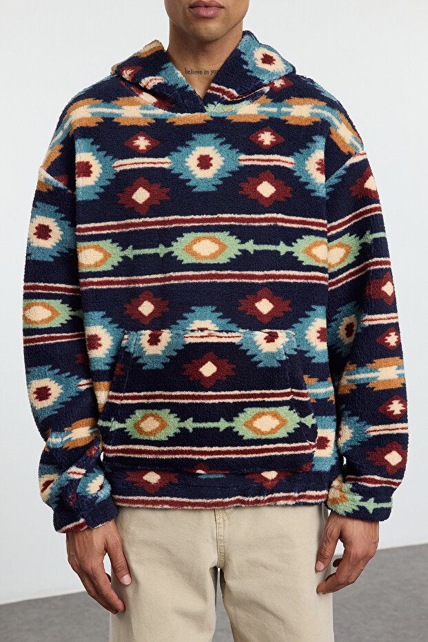 Lacivert Unısex Oversize/Geniş Kesim Desenli Şerpa Polar/Peluş Kapüşonlu Sweatshirt TMNAW25SW00147 - 3