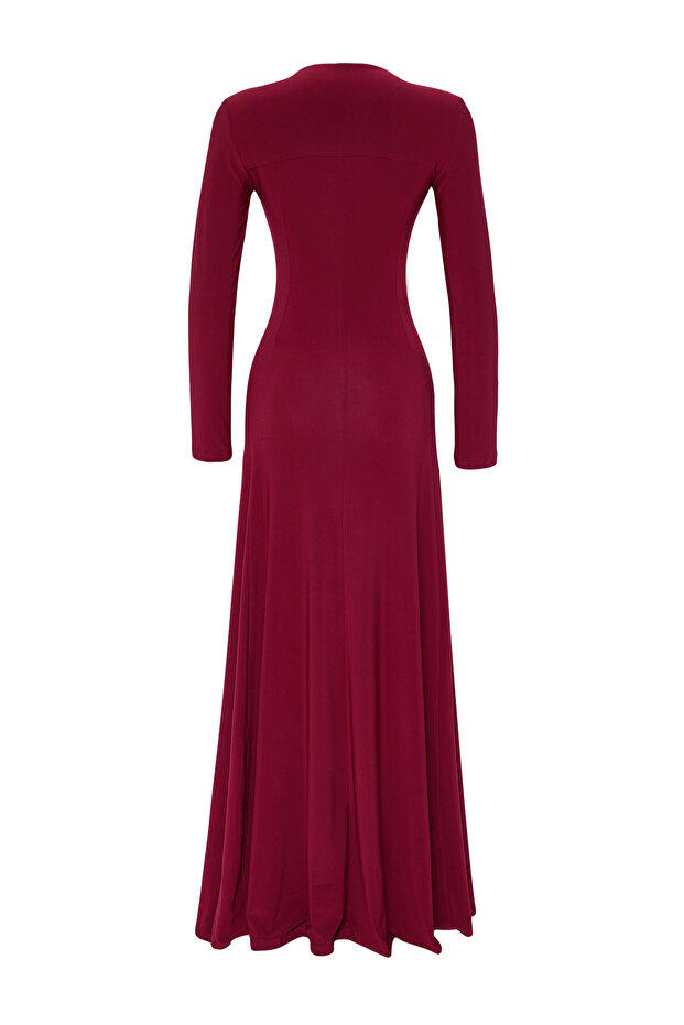 Bordo Düz V Yaka Skater/Belden Açılan Esnek Maxi Örme Elbise TWOAW25EL00299 - 9
